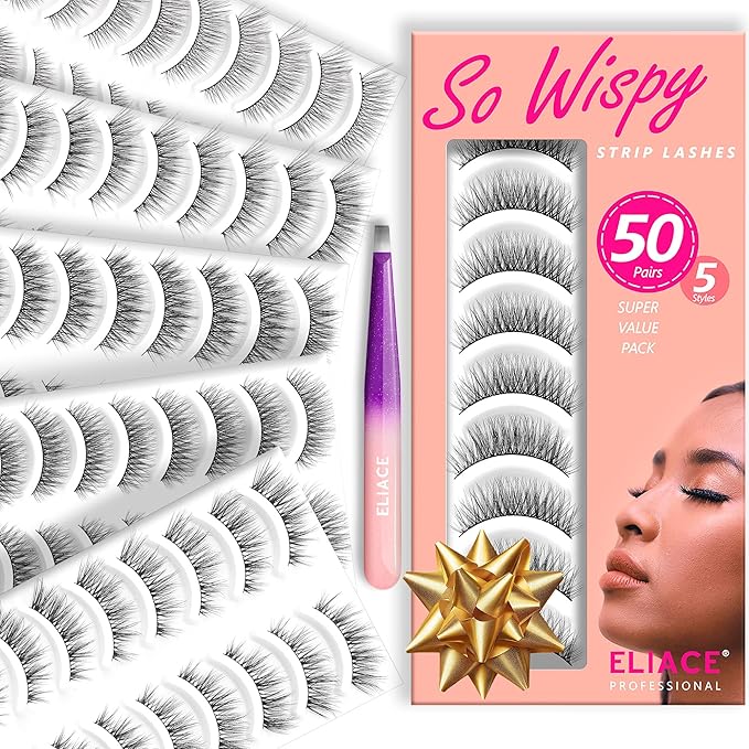 Eliace Luxurious 50 Pairs 5 Styles Cat Eye Lashes Wispy False Eyelashes Natural look 3D Mink Lashes Fake Eyelashes Kit, Thin Soft Band Comfortable Fluffy Volume Cross Strip Lash, with Lash Tweezers-FemmiqueWomen