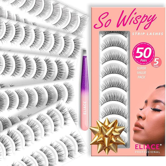Eliace Luxurious 50 Pairs 5 Styles Cat Eye Lashes Wispy False Eyelashes Natural look 3D Mink Lashes Fake Eyelashes Kit, Thin Soft Band Comfortable Fluffy Volume Cross Strip Lash, with Lash Tweezers-FemmiqueWomen