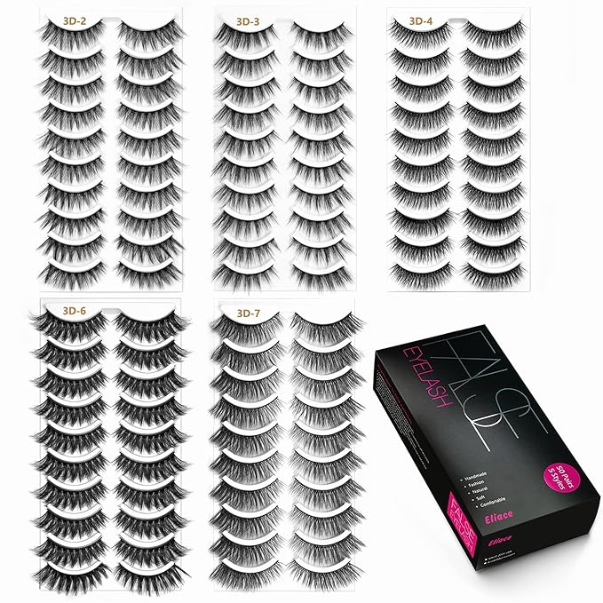 Eliace Eyelashes, (50 Pairs,5 Styles) Luxurious Faux Mink Lashes Natural Look Wispy Fluffy Handmade Cat Eye False Lash Pack, False Eyelashes Set, Fake Lashes Strips, Makeup Fake Eyelashes Pack-FemmiqueWomen