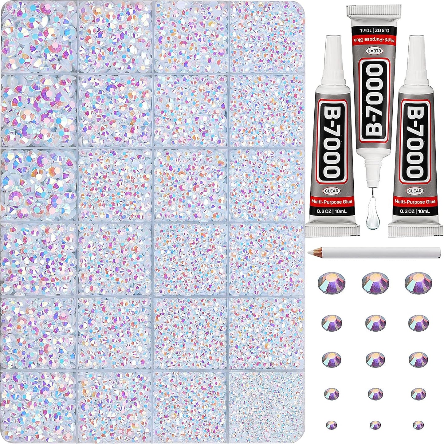 30000Pcs Resin Jelly Rhinestones Set for Crafting Bedazzling, White ab Flatback Gems Jewels for Crafts Clothes Shoes Fabric Outfit Nails Makeup, Flat Back Crystal 2-6mm with b 7000 Glue-FemmiqueWomen