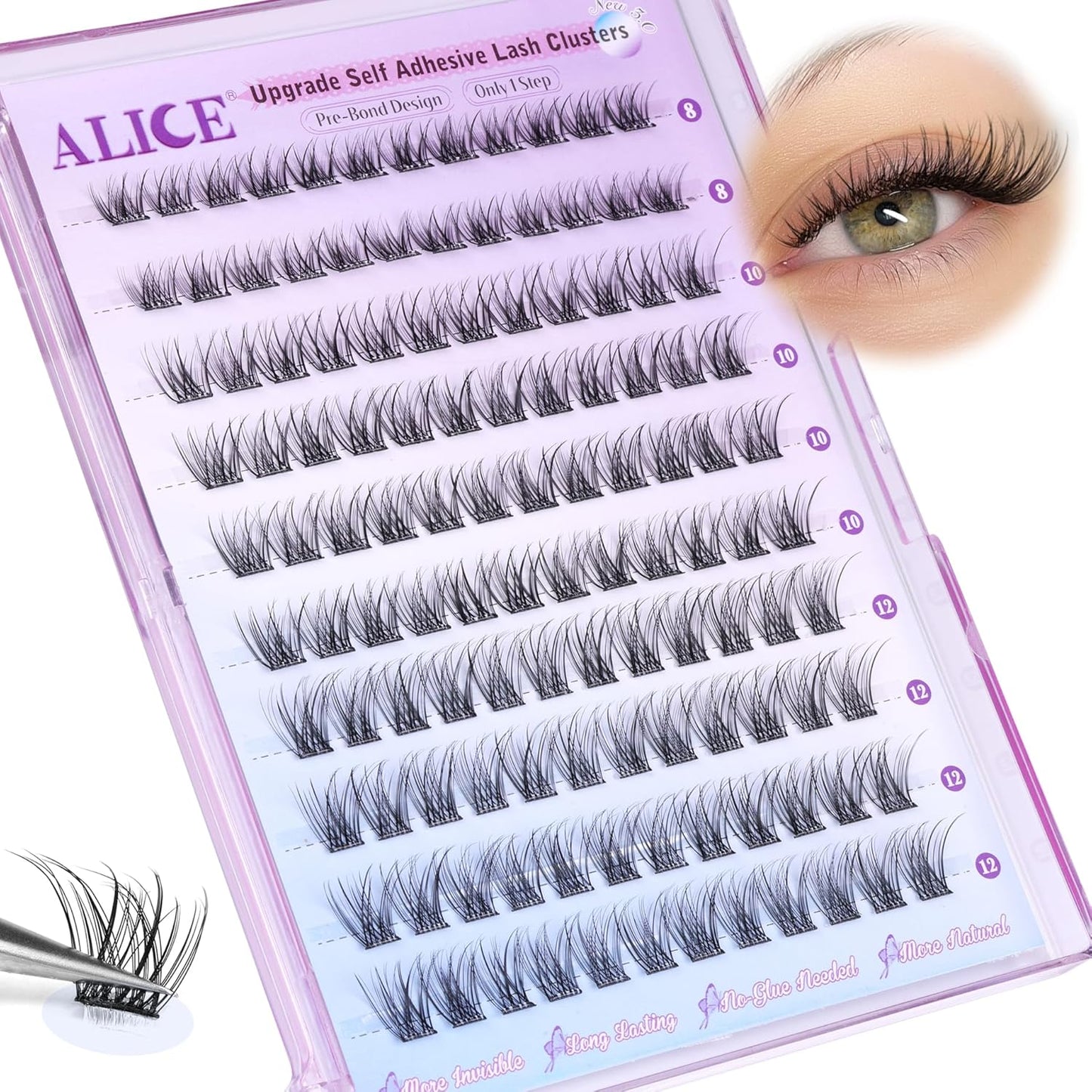 Self Adhesive Eyelashes Reusable Natural Self Adhesive Lash Clusters Wispy Press on Lashes Pre-Glue 8-12mm 120pcs C Curl DIY Eyelash Extensions Kit No Glue Needed by ALICE-FemmiqueWomen