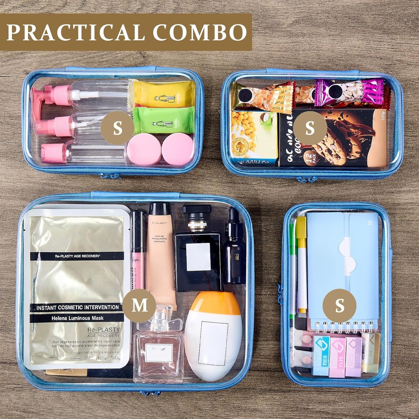 4 pcs Clear Zipper Pouches,Hard Shell Zipper Case, Toiletry Bag for Travel, CLear Diaper Bag, Toiletry Pouch, Travel Organizer, Clear Cosmetic Bag,Toy Storage Bins (M+3S) (Blue)-FemmiqueWomen