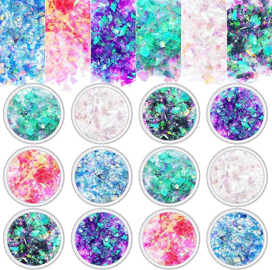 18 Boxes Mermaid Iridescent Chunky Glitter Flakes Chrome Nail Sequins Aurora Holographic Mermaid Nail Glitter Flakes Glitters Chunky Iridescent Flakes for Face Eyes Body Hair Nail Decoration-FemmiqueWomen