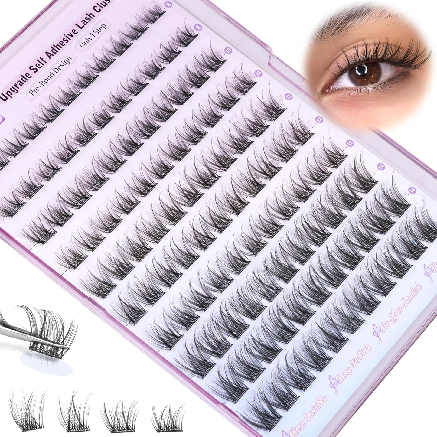 ALICE Self Adhesive Lashes Natural Look Clusters No Glue Needed Wispy Reusable Press on Lashes Pre-Glue 8-14mm 120pcs C Curl With Lash Tweezers-FemmiqueWomen