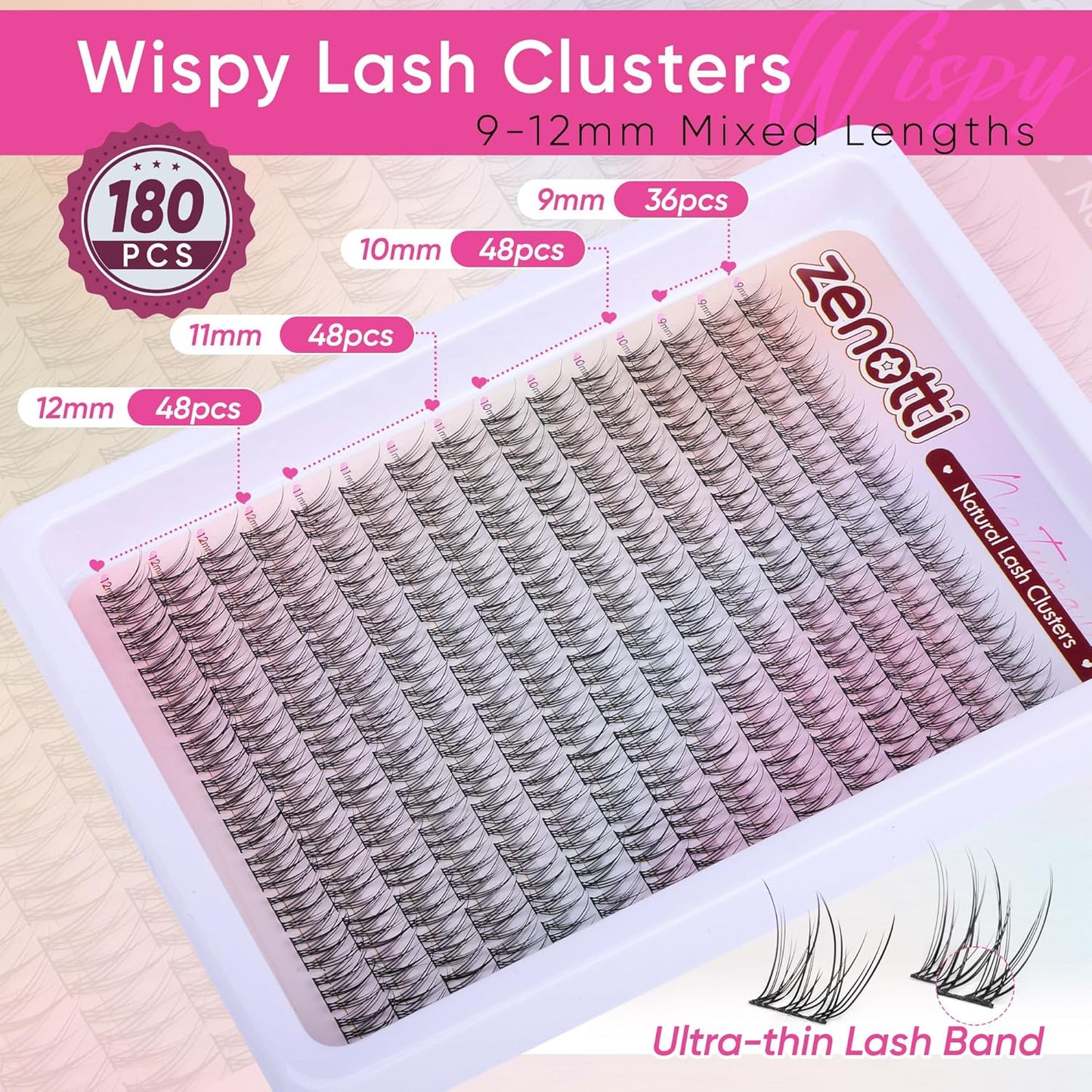 Natural Lash Clusters Wispy Cluster Eyelash Extensions DIY Individual Lashes C Curly 9-12mm Eyelash Clusters 180PCS Lash Extensions with Thin Lash Band by zenotti-FemmiqueWomen