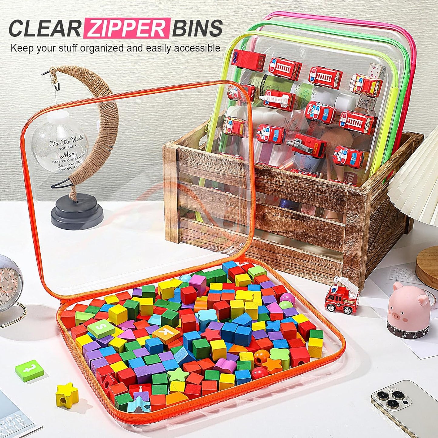 Hoolerry 4 Pcs Hard Clear Zipper Case Makeup Bags Plastic Pencil Pouch Transparent Storage Box Containers for Cosmetics, Snacks, Building Blocks, Puzzles(Fluorescent,13.8 x 11.8 x 2 in)-FemmiqueWomen