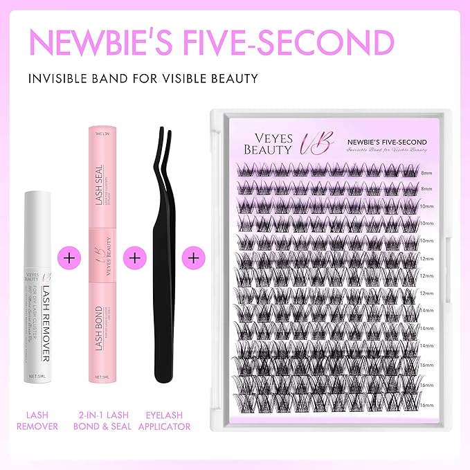 VEYESBEAUTY Lash Clusters Kit Individual Eyelash Extensions Thin & Invisible Band DIY False Eyelashes Newbie's Five-Second Series Wispy Lash Tray, LuxeBold KIT with Bond&Seal Remover Applicator-FemmiqueWomen