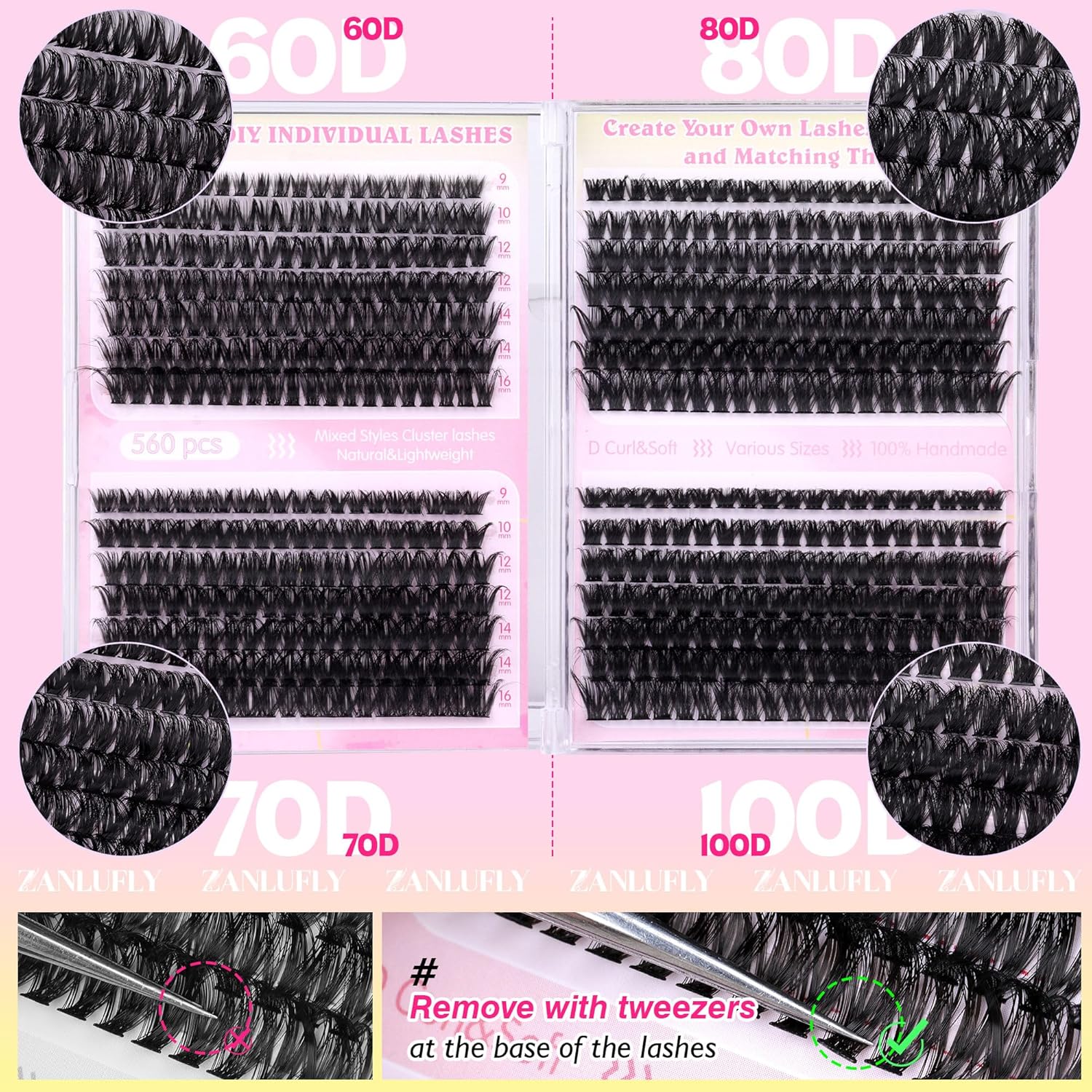 Lash Clusters D-Curly Individual Lashes Volume Eyelash Clusters Bulk zanlufly Thick Lash Extension 560Pcs Natural DIY Eyelash Extension (9-16MM,60D+70D+80D+100D)-FemmiqueWomen