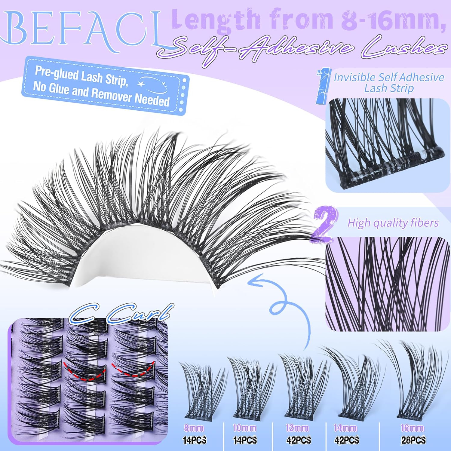 Self Adhesive Eyelashes Clusters Press on Lash Clusters Wispy Lash Extensions No Glue Needed Lashes Clusters Natural Cluster Eyelash Extensions Kit with Tweezers (8-16mm,C Curl)-FemmiqueWomen