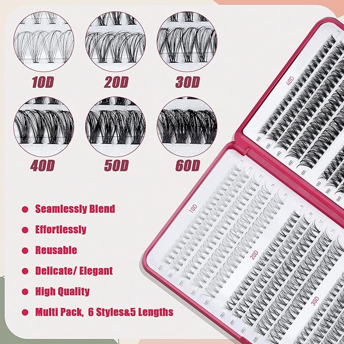 Bombshell SE Lash Clusters 600PCS Lashes - Lash Clusters 10D 20D 30D+40D50D60D Individual Lashes Clusters D Curl Lash Extension 8-16MM Eyelash Clusters DIY Cluster Eyelash Extensions for Beginners-FemmiqueWomen