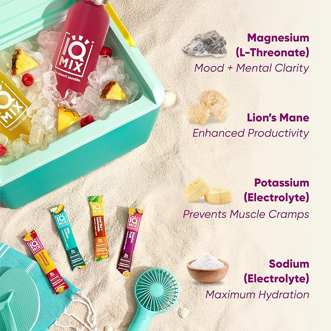 IQMIX Hydration Electrolyte Powder – 4-in-1 Formula for Hydration, Mental Clarity, Mood and Recovery – Sugar-Free Drink Mix, Keto, Magnesium L-Threonate, Lion’s Mane – 20 Count Vacation Variety Pack-FemmiqueWomen