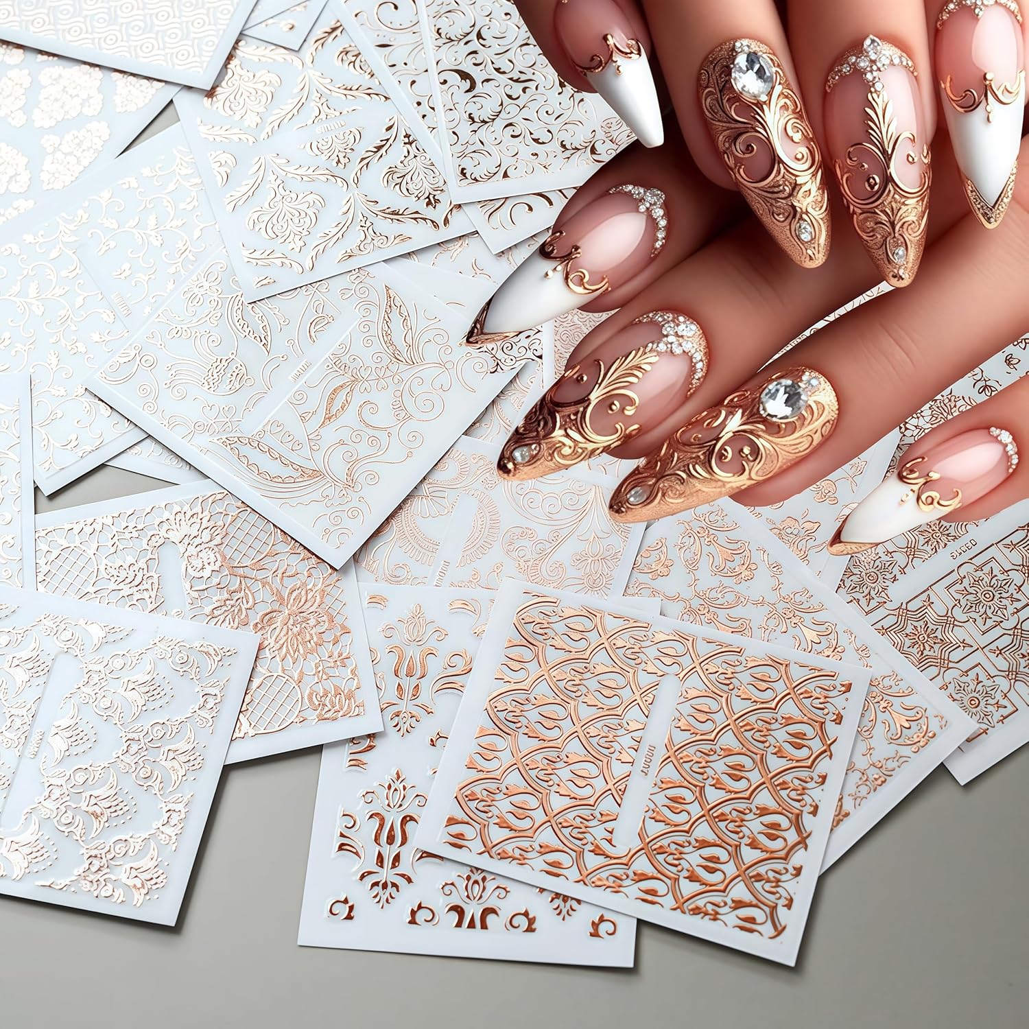 30 Sheets Lace Flower Nail Art Sticker 3D Self-Adhesive Hollow Rose Golden Lace Floral Vine Decals Irregular Geometric Manicure Sliders for Spring Summer Women Acrylic Nail Decorations-FemmiqueWomen