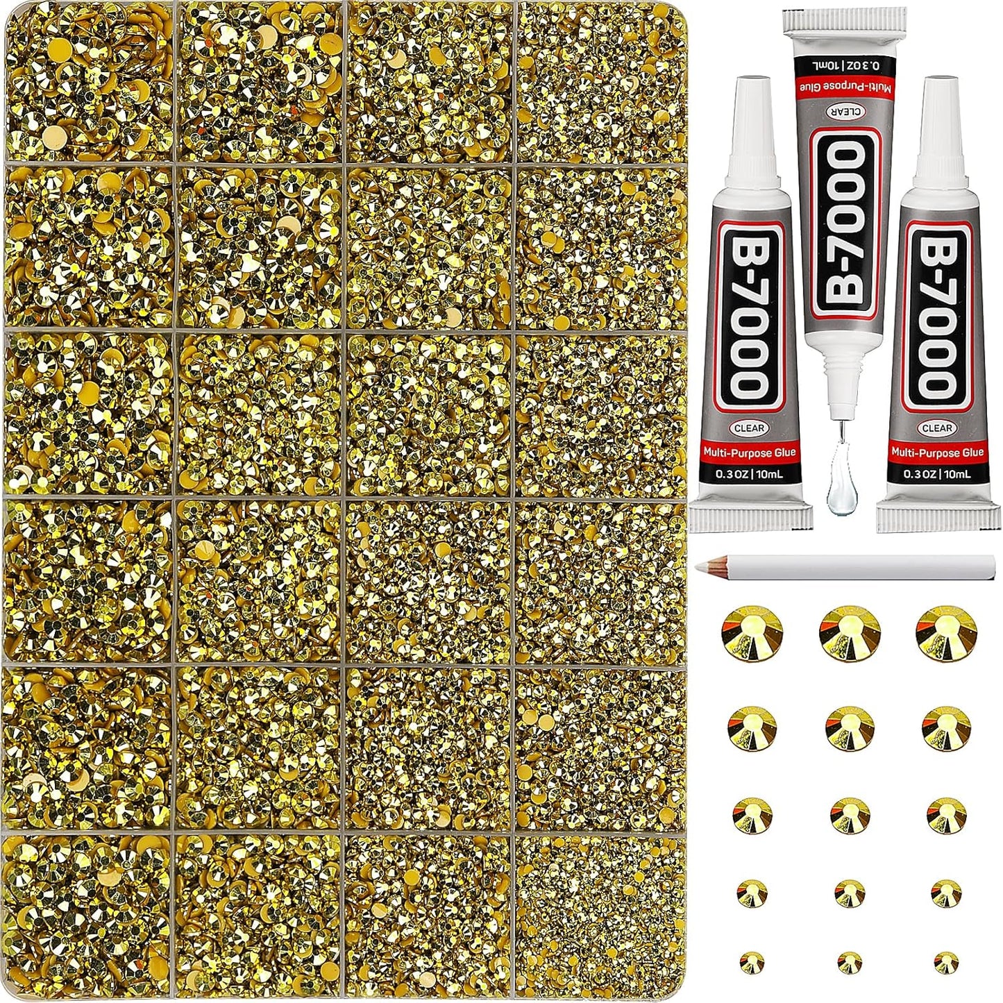 30000Pcs Resin Rhinestones Set for Crafting Bedazzling, Metallic Gold Flatback Gems Jewels for Crafts Clothes Shoes Fabric Outfit Nails Makeup, Flat Back Crystal 2-6mm with b 7000 Glue-FemmiqueWomen