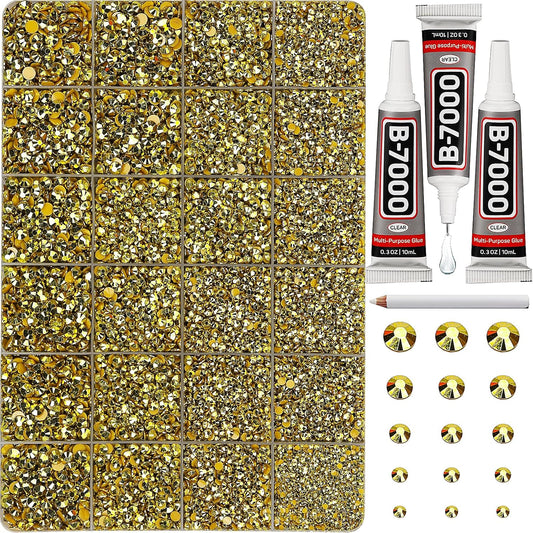 30000Pcs Resin Rhinestones Set for Crafting Bedazzling, Metallic Gold Flatback Gems Jewels for Crafts Clothes Shoes Fabric Outfit Nails Makeup, Flat Back Crystal 2-6mm with b 7000 Glue-FemmiqueWomen