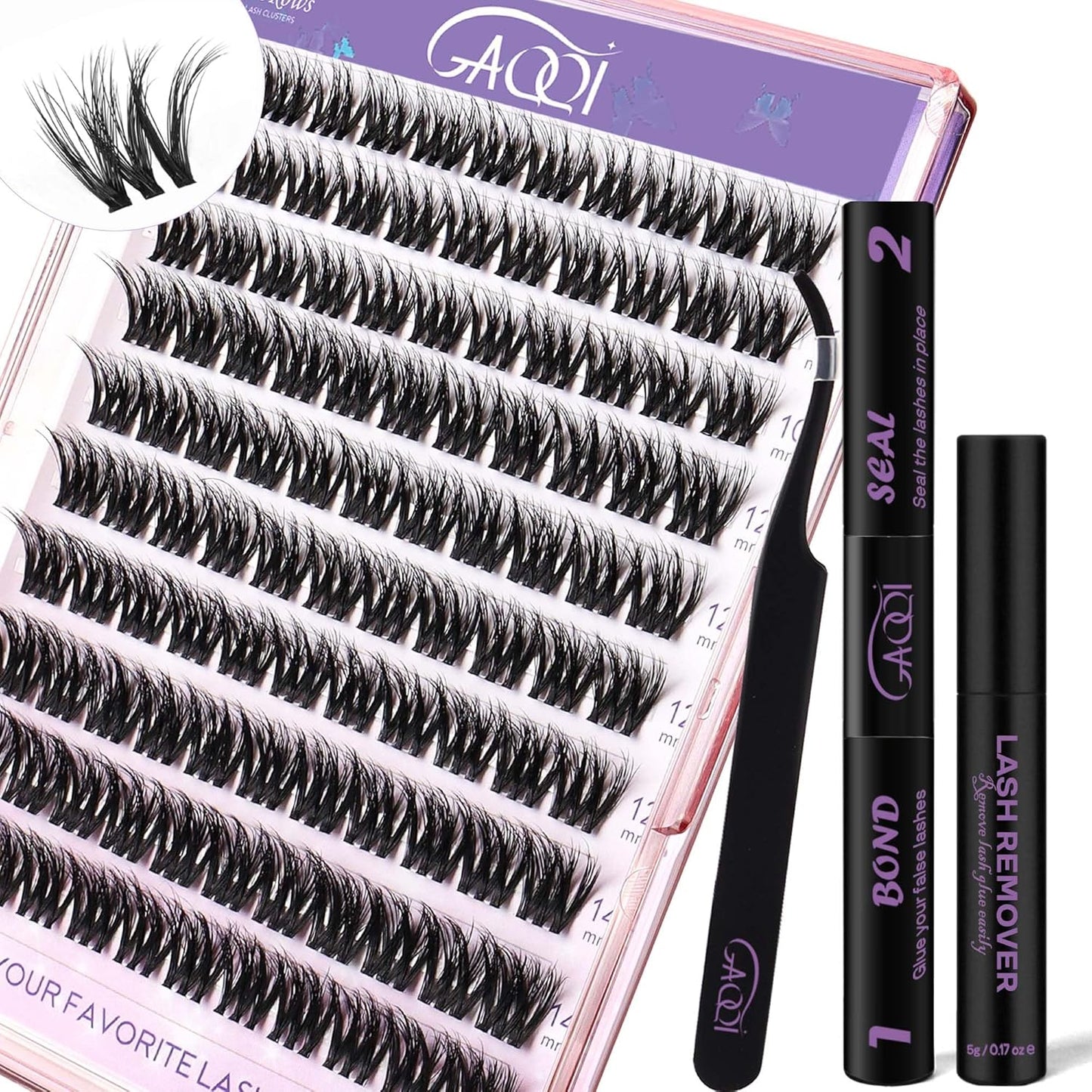 GAQQI Lash Clusters Kit, DIY Lash Extensions Kit 10-14mm Cluster Lashes, Wispy Eyelash Clusters with Lash Bond and Seal+Lash Tweezer+Remover+110pcs Thin Band Individual Lashes (3D-GQ08-KIT)-FemmiqueWomen