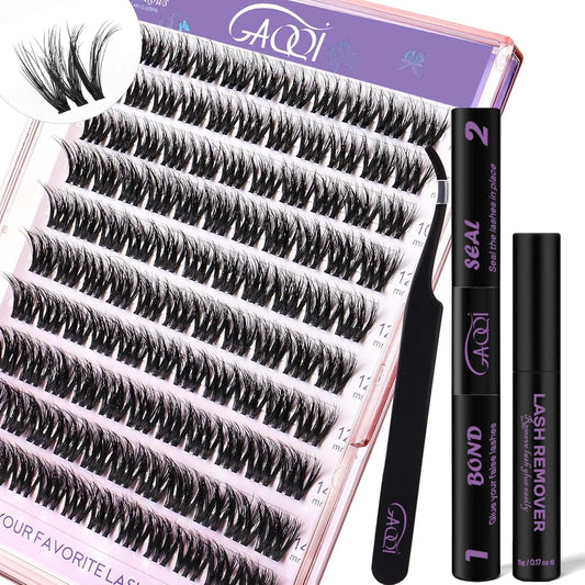 GAQQI Lash Clusters Kit, DIY Lash Extensions Kit 10-14mm Cluster Lashes, Wispy Eyelash Clusters with Lash Bond and Seal+Lash Tweezer+Remover+110pcs Thin Band Individual Lashes (3D-GQ08-KIT)-FemmiqueWomen