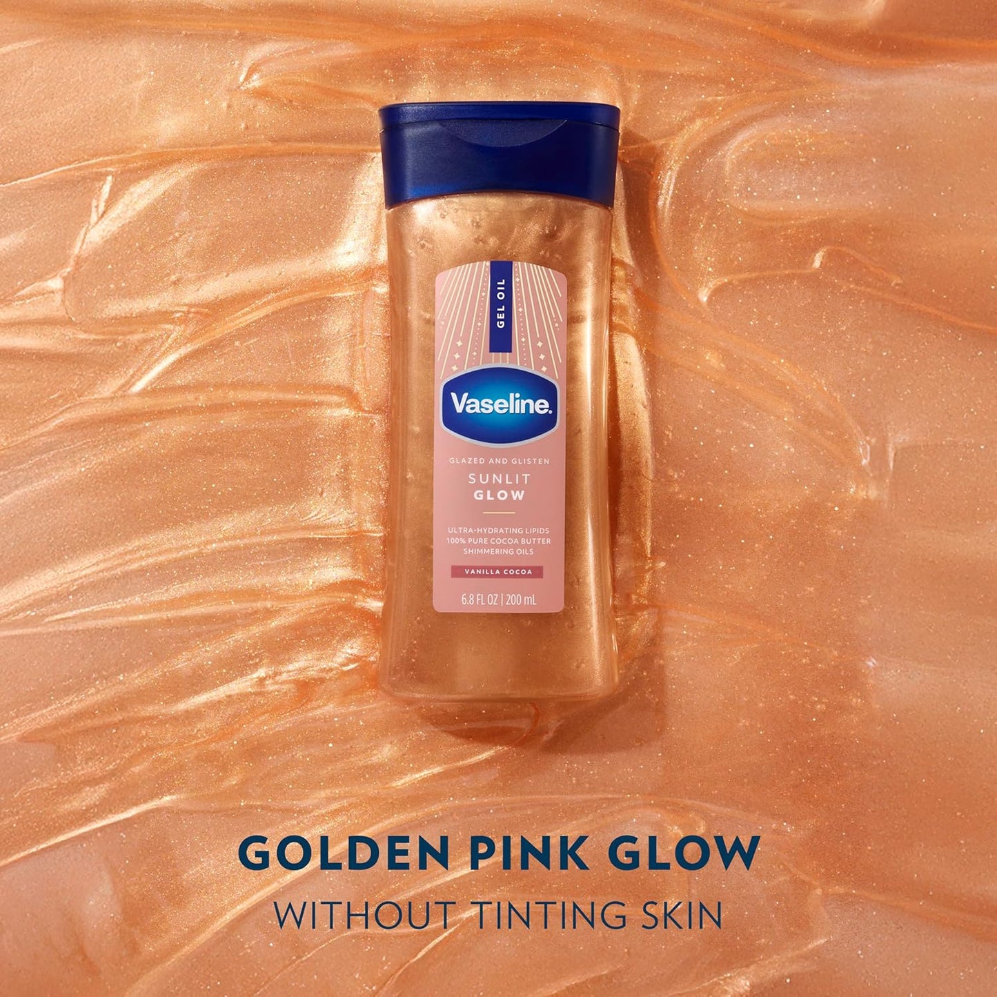 Vaseline Glazed and Glisten Sunlit Glow Body Gel Oil Vanilla Cocoa Shimmering with Ultra-Hydrating Lipids and 100% Pure Cocoa Butter, 6.8 Oz-FemmiqueWomen