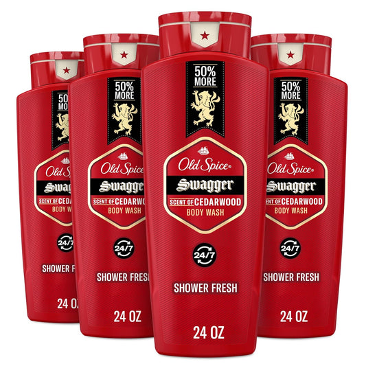 Old Spice Refreshing Body Wash for Men, 3X Defense, 24/7 Shower Fresh with Long Lasting Scent, Red Collection, Swagger with Cedarwood Scent, 24 oz (Pack of 4)-FemmiqueWomen