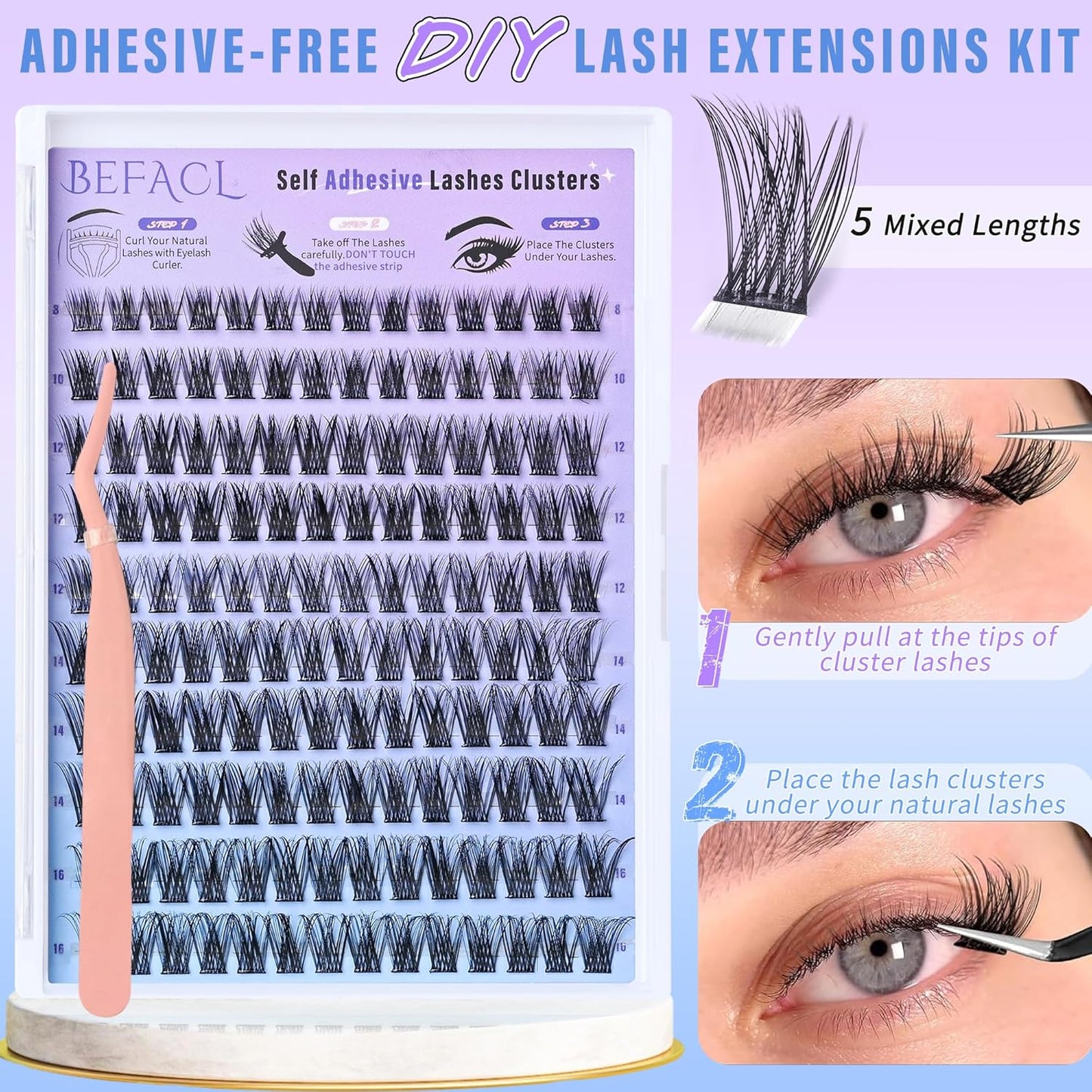 Self Adhesive Eyelashes Clusters Press on Lash Clusters Wispy Lash Extensions No Glue Needed Lashes Clusters Natural Cluster Eyelash Extensions Kit with Tweezers (8-16mm,C Curl)-FemmiqueWomen