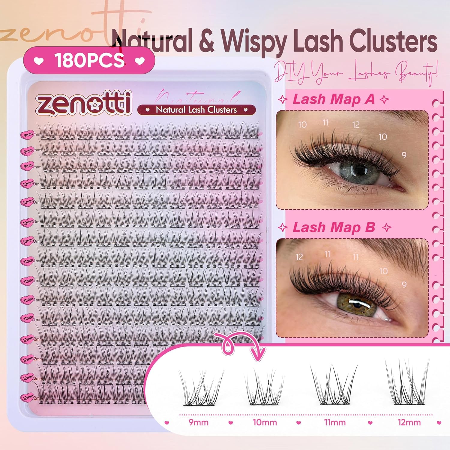 Natural Lash Clusters Wispy Cluster Eyelash Extensions DIY Individual Lashes C Curly 9-12mm Eyelash Clusters 180PCS Lash Extensions with Thin Lash Band by zenotti-FemmiqueWomen