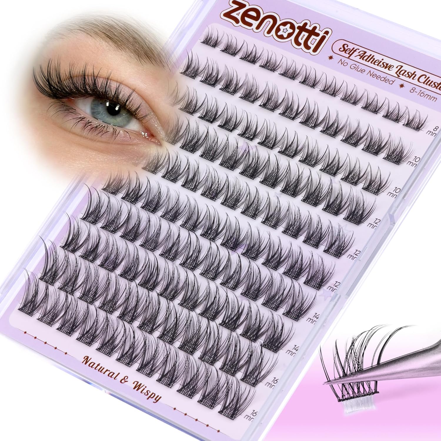 Self Adhesive Eyelash Clusters Natural Self Adhesive Lashes Cluster No Glue Eyelashes Press on Lashes Pre Glued Wispy Cluster Eyelash Extensions 8-16mm 120Pcs by zenotti-FemmiqueWomen