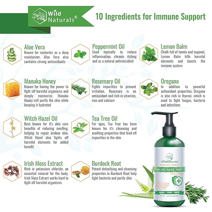 Pure Aloe Vera Gel Hand Cleaner - 100% Aloe Vera Gel Organic with Manuka Honey, Witch Hazel, Peppermint, Oregano, Rosemary, & Cleansing Tea Tree - Organic Waterless Purifying Wash-FemmiqueWomen