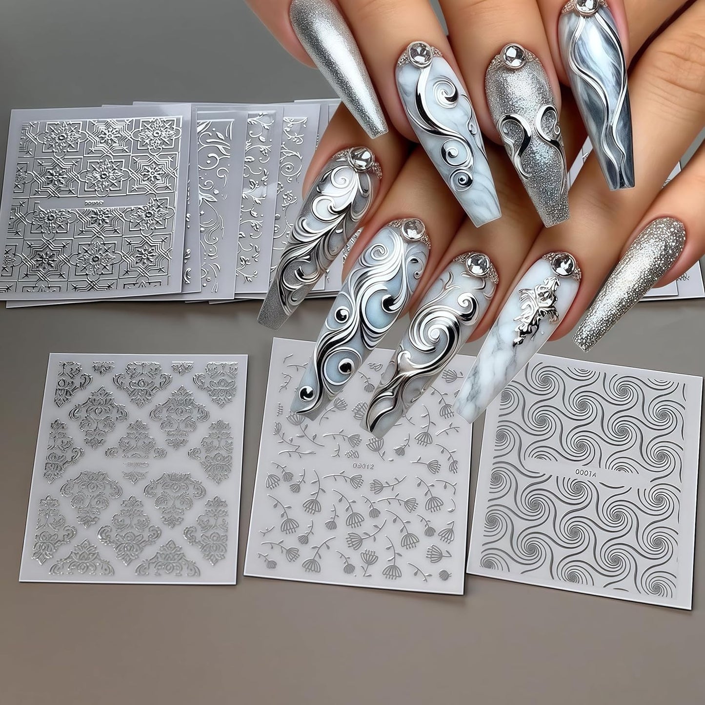 30 Sheets Silver Lace Nail Art Stickers 3D Self-Adhesive Silver Hollow Retro Floral Vine Design Decals for Women Spring Summer Manicure Slider Decorations-FemmiqueWomen