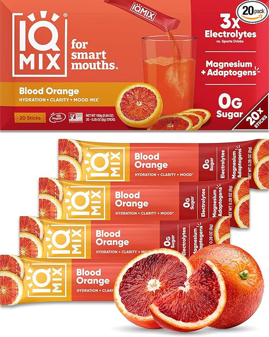 IQMIX Hydration Electrolyte Powder – 4-in-1 Formula for Hydration, Mental Clarity, Mood and Recovery – Sugar-Free Drink Mix, Keto, Magnesium L-Threonate, Lion’s Mane – 20 Count Blood Orange-FemmiqueWomen