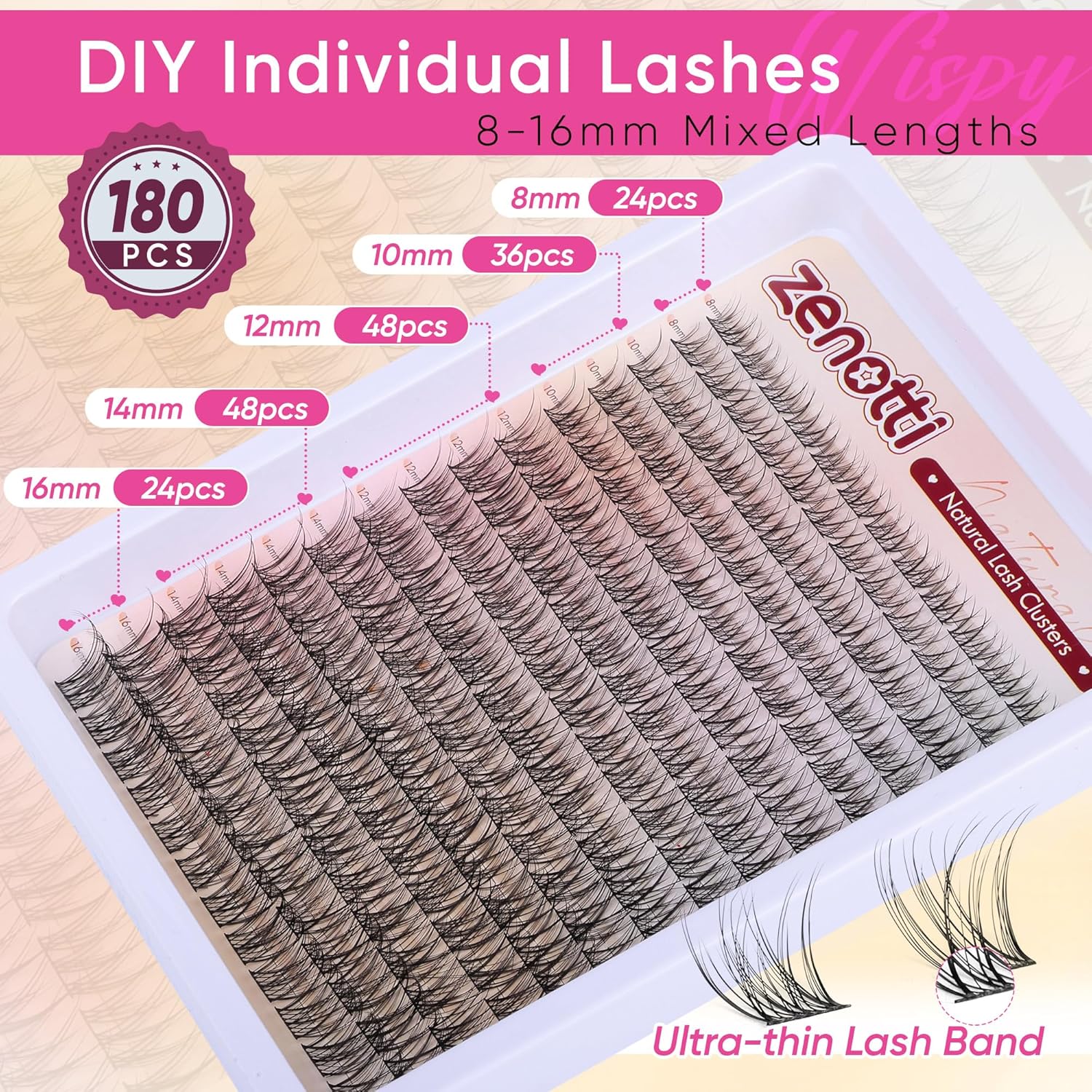 Lash Clusters Natural Look Cluster Eyelash Extensions Wispy Lashes Extensions 8-16mm DIY Individual Lashes 180PCS Thin Band Eyelashes Cluster by zenotti-FemmiqueWomen