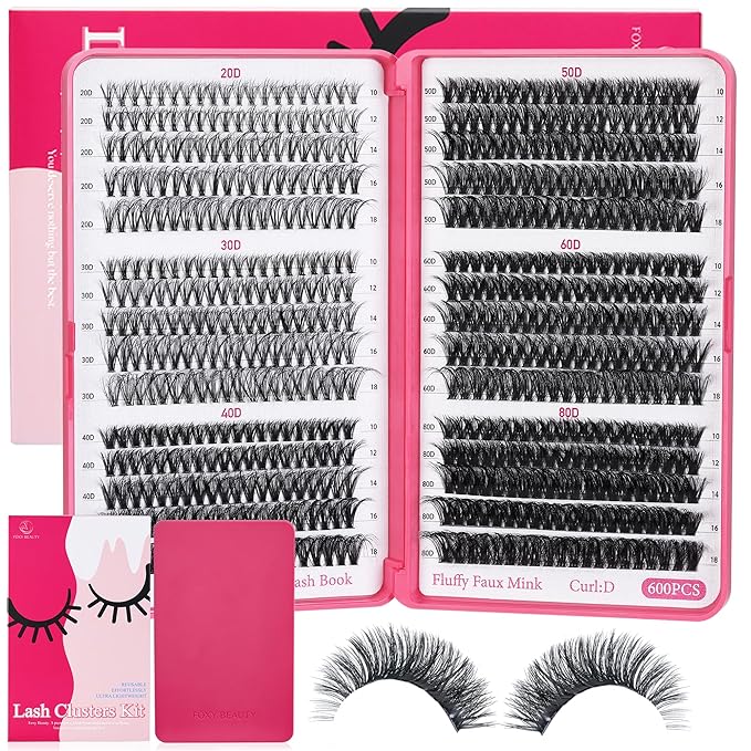 Lash Clusters 600PCS - Eyelash Clusters 20D+30D+40D+50D+60D+80D Wispy Individual Lashes D Curl Lash Extension 10-18MM Natural Lash Clusters DIY Cluster Eyelash Extensions for Beginners-FemmiqueWomen