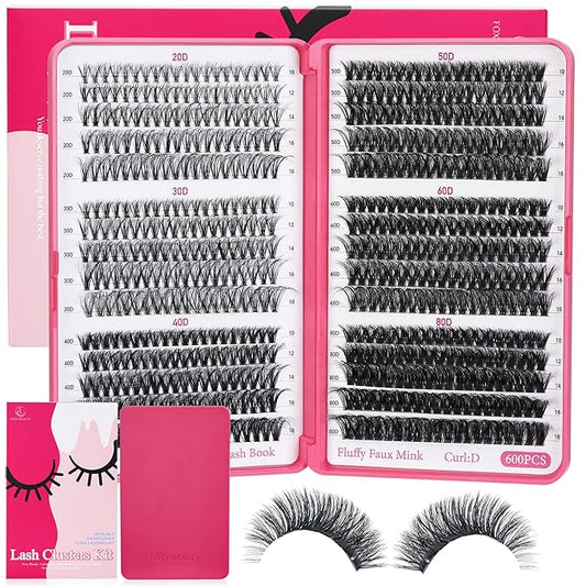 Lash Clusters 600PCS - Eyelash Clusters 20D+30D+40D+50D+60D+80D Wispy Individual Lashes D Curl Lash Extension 10-18MM Natural Lash Clusters DIY Cluster Eyelash Extensions for Beginners-FemmiqueWomen