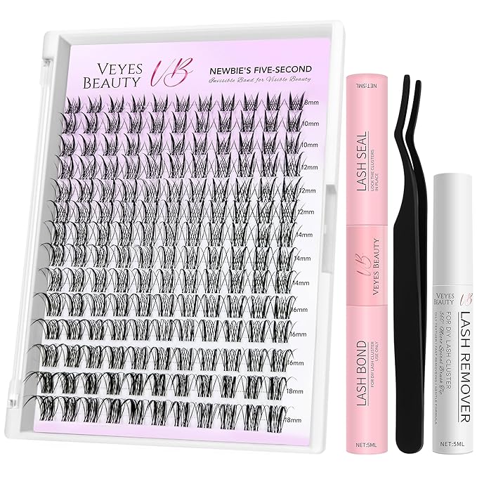 VEYESBEAUTY Lash Clusters Kit Eyelash Extensions Thin & Invisible Band DIY Individual False Eyelashes Newbie's Five-Second Series Lash Tray for Self-application, Sylph Lashes 8-18mm Mixed Length-FemmiqueWomen