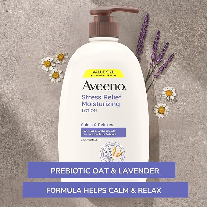 Aveeno Stress Relief Moisturizing Body Lotion 33 Fl Oz, Lavender Scent with Prebiotic Oat, Hydrating 24-Hour Moisturizer Non-Greasy for Dry Sensitive Skin, Paraben & Dye Free, Calming & Relaxing-FemmiqueWomen
