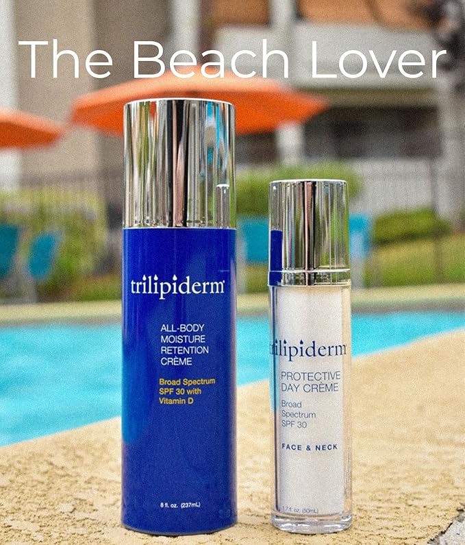 Trilipiderm Beach Lover Bundle- All-Body Moisture Retention Crème Sunscreen (8oz) & Protective Day Crème Broad Spectrum SPF 30 (1.7oz), Sunscreen Lotion UVA/UVB Set for Face, Body, Travel Size-FemmiqueWomen