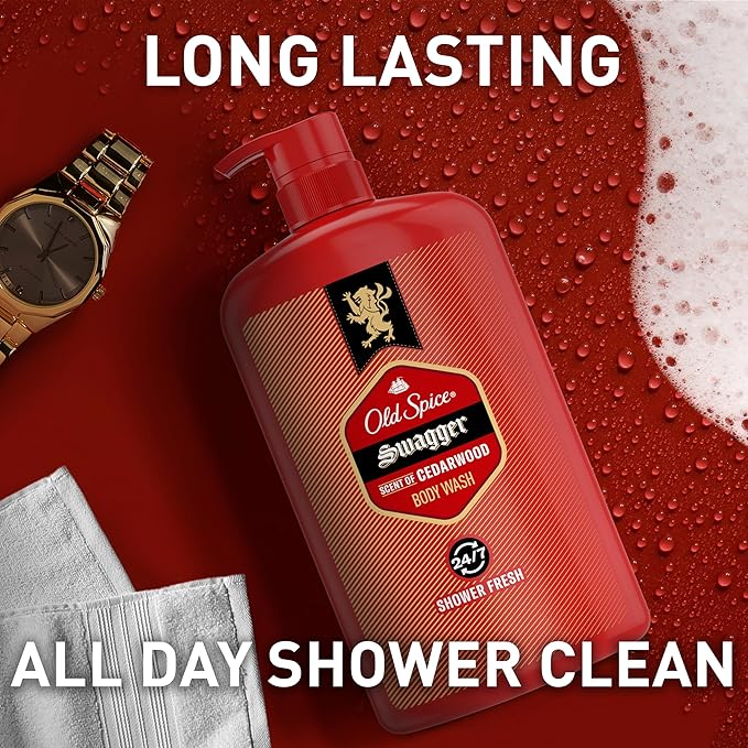 Old Spice Body Wash for Men, 24/7 Shower Fresh with Lasting Scent, Red Collection, Swagger with Cedarwood Scent, 33.4 fl oz (Pack of 4)-FemmiqueWomen