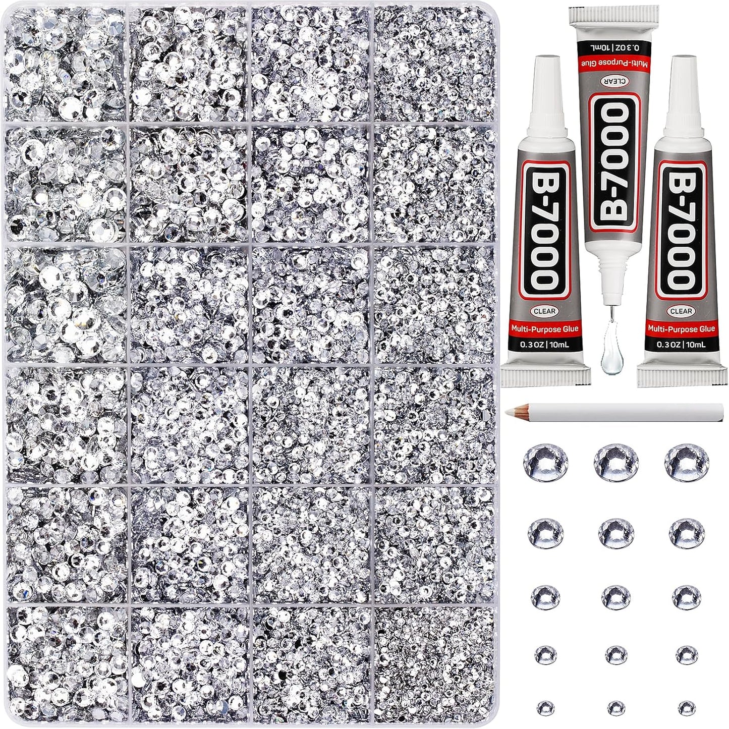 30000Pcs Resin Rhinestones for Crafting Bedazzling, Silver Clear Flatback Gems Crystals for Bedazzle Crafts Clothing Clothes Fabric, Flat Back Jewels Diamonds Mixed Sizes Bedazzler Kit with b7000 Glue-FemmiqueWomen
