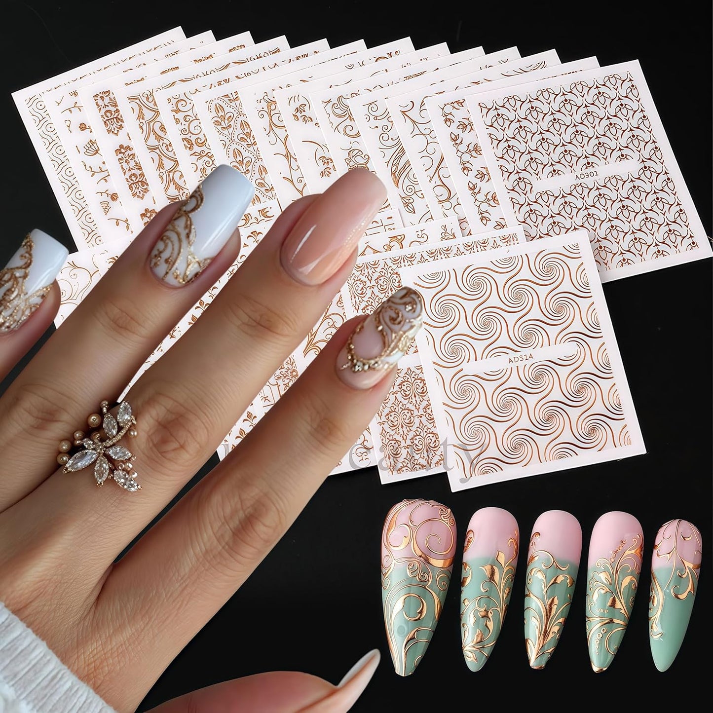 30 Sheets Lace Flower Nail Art Sticker 3D Self-Adhesive Hollow Rose Golden Lace Floral Vine Decals Irregular Geometric Manicure Sliders for Spring Summer Women Acrylic Nail Decorations-FemmiqueWomen