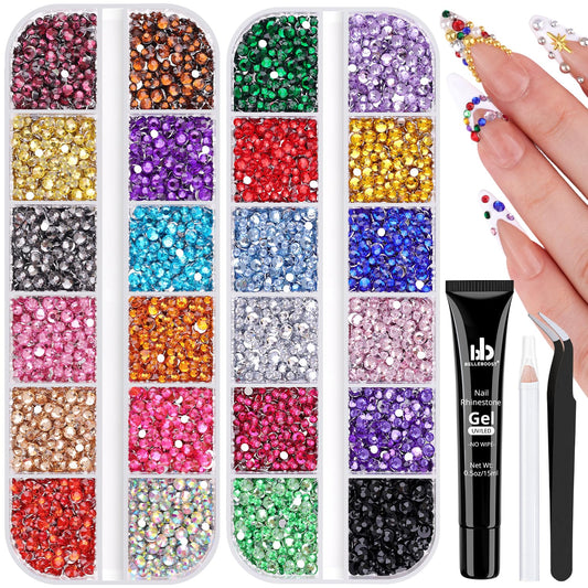 10000Pcs Small Resin Rhinestones for Nail Art with 15ML Nails Rhinestone Glue, Colorful 2/3MM Flatback Bedazzling Gems, Nail Rhinestones and Gems Crystals Charms for Acrylic Tips Manicure Decor-FemmiqueWomen
