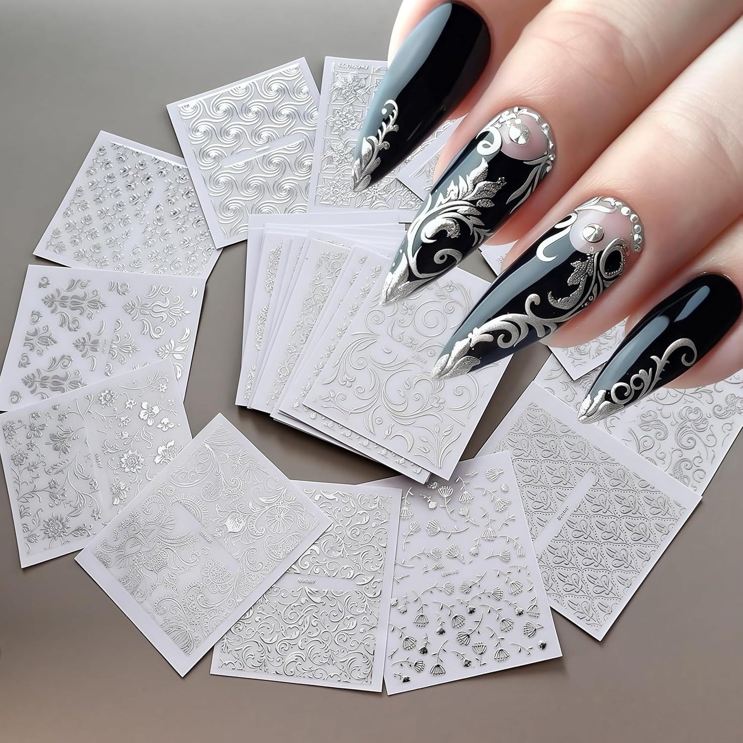 30 Sheets Silver Lace Nail Art Stickers 3D Self-Adhesive Silver Hollow Retro Floral Vine Design Decals for Women Spring Summer Manicure Slider Decorations-FemmiqueWomen