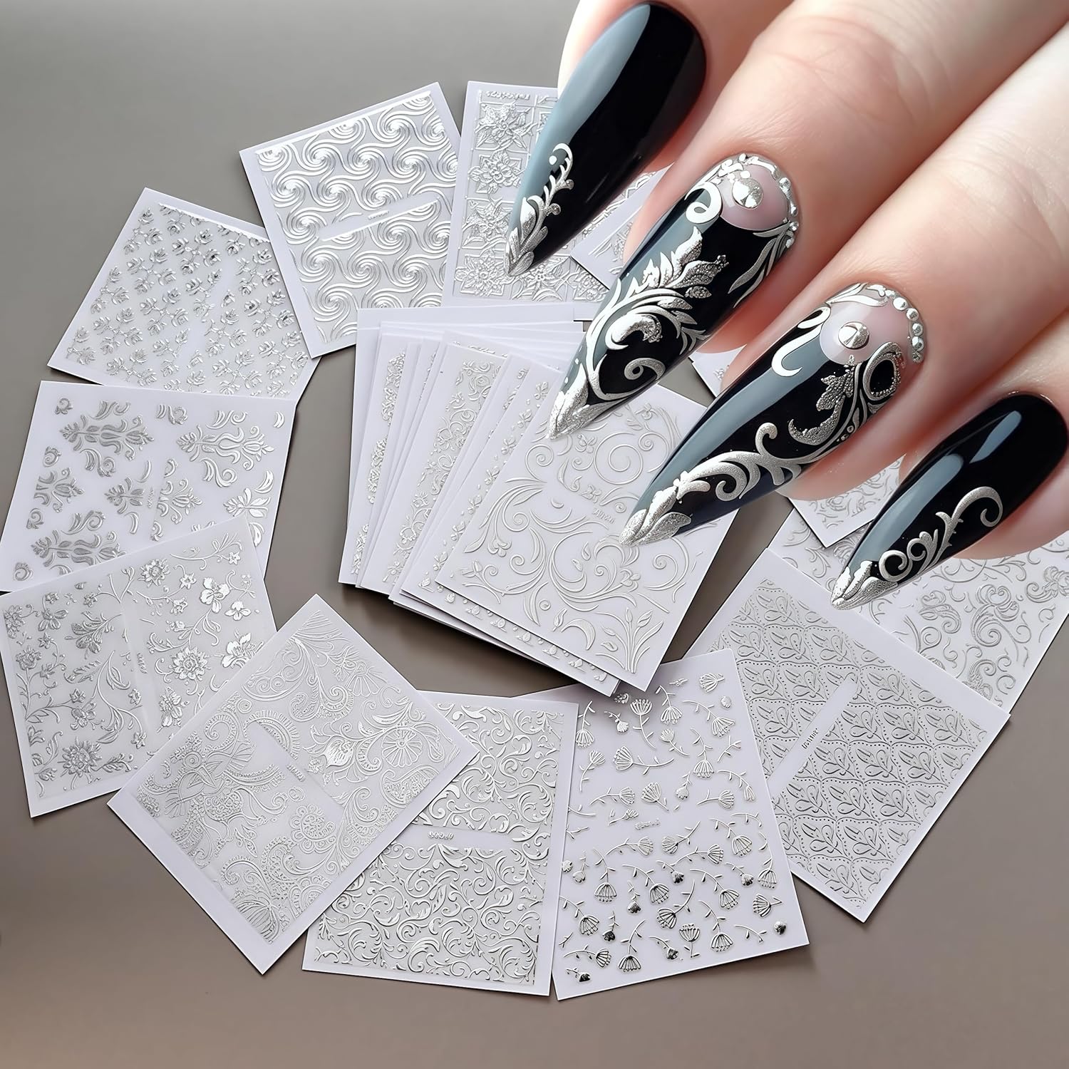 30 Sheets Silver Lace Nail Art Stickers 3D Self-Adhesive Silver Hollow Retro Floral Vine Design Decals for Women Spring Summer Manicure Slider Decorations-FemmiqueWomen