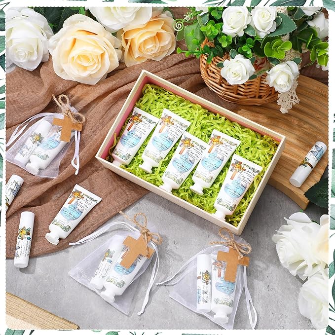 144 Pcs Christian Lip Balm Hand Cream Set Party Favors, Include 36 Bible Lip Balm 36 Moisturizing Hand Cream 36 Bags 36 Cards and Ropes for Accessories Gifts (Biblical, Cross)-FemmiqueWomen