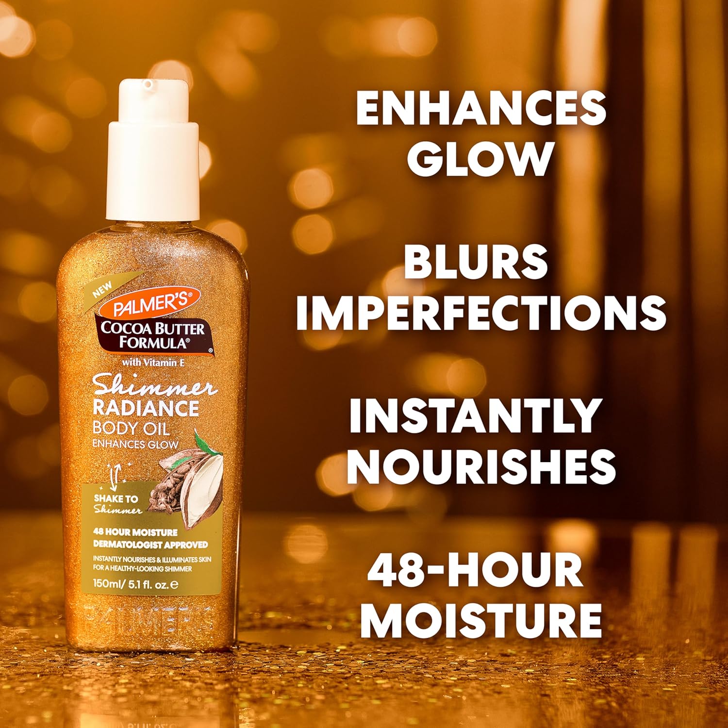 Palmer's Cocoa Butter Formula Shimmer Body Oil with Vitamin E, 5.1 Fl Oz, Radiance Body Oil for Glowing Skin, Enhances Dark Tones & Tans, Hydrating-FemmiqueWomen