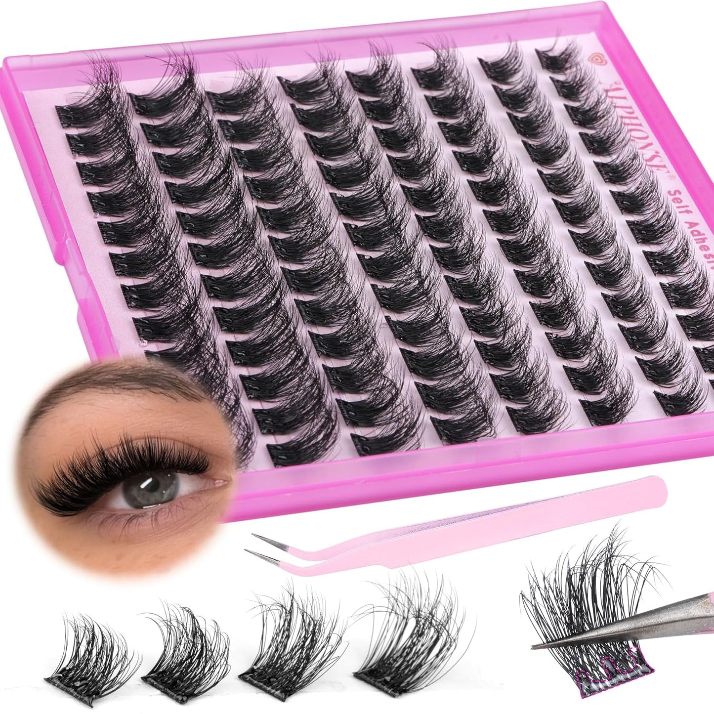 ALPHONSE Self Adhesive Lash Clusters Reusable Self Adhesive Eyelashes Fluffier Press on Lashes Extension No Glue Needed 10-16mm Glueless Lashes Clusters with Tweezers-FemmiqueWomen