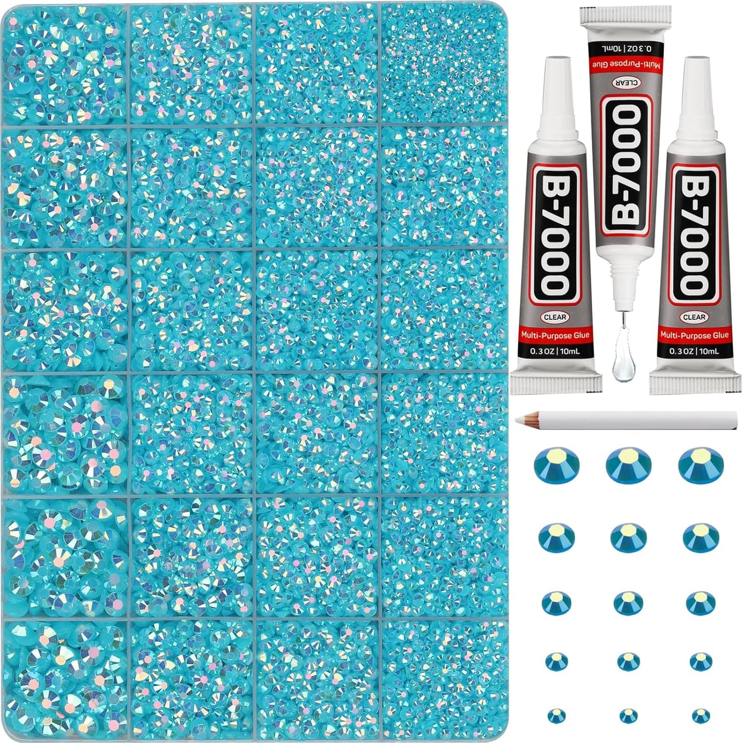 30000Pcs Resin Jelly Rhinestones Set for Crafting Bedazzling, Turquoise AB Flatback Gems Jewels for Crafts Clothes Shoes Fabric Outfit Nails Makeup, Flat Back Crystal 2-6mm with b 7000 Glue-FemmiqueWomen