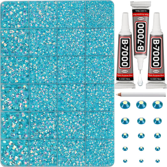 30000Pcs Resin Jelly Rhinestones Set for Crafting Bedazzling, Turquoise AB Flatback Gems Jewels for Crafts Clothes Shoes Fabric Outfit Nails Makeup, Flat Back Crystal 2-6mm with b 7000 Glue-FemmiqueWomen