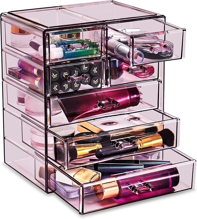 Sorbus Acrylic Makeup Organizer - Organization and Storage Case for Cosmetics Make Up & Jewelry - Big Clear Makeup Organizer for Vanity, Bathroom, College Dorm, Closet, Desk (3 Large, 4 Small Drawers)-FemmiqueWomen