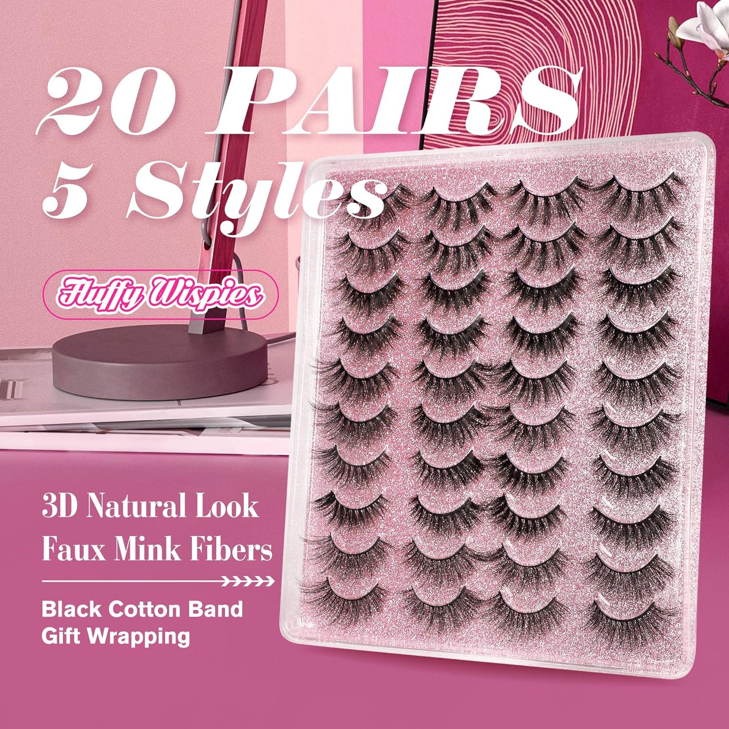 20 Pairs False Eyelashes 3D Faux Mink Lashes Natural Look Wispy Fake Eyelashes ALPHONSE 16-20MM Fluffier Volume Long Thick Lashes Pack 5 Styles Mixed-FemmiqueWomen