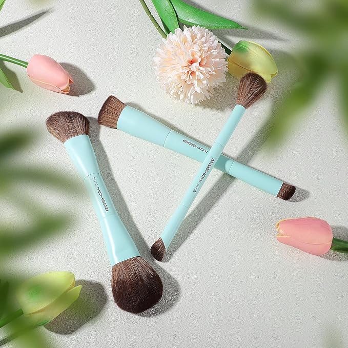 EIGSHOW Makeup Brush Set, 3Pcs Dual Ended Face Makeup Brushes for Foundation Powder Contour Highlight Concealer Nose Shadow, Travel Gift Set (Cyan)-FemmiqueWomen