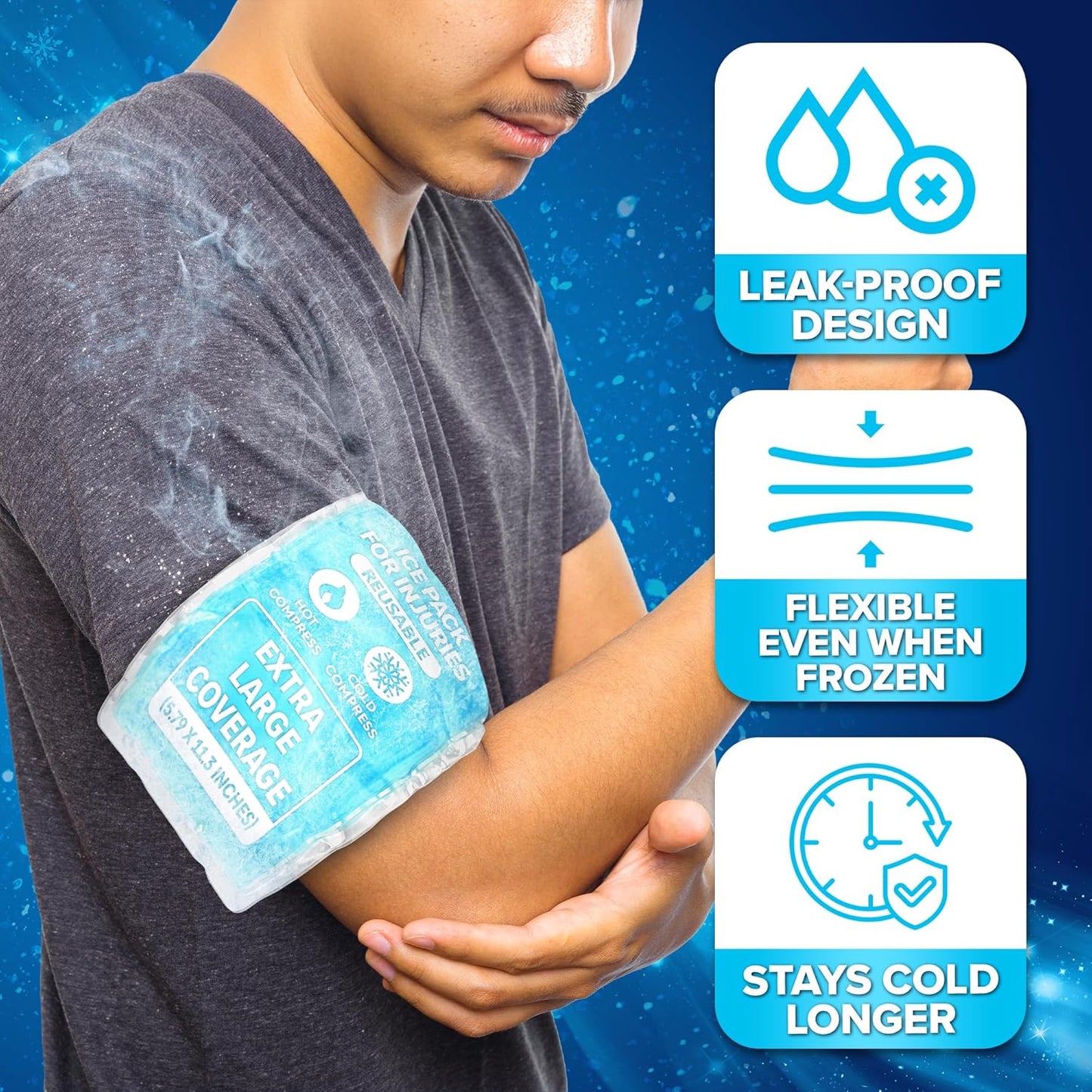 JJ CARE Gel Ice Packs Reusable (Pack of 2, XL) - Ice Packs for Injuries Reusable - Soft Ice Pack for Injuries with Wrap - Flexible Therapy, for Knee, Back, Neck, Wrist, & Ankle-FemmiqueWomen