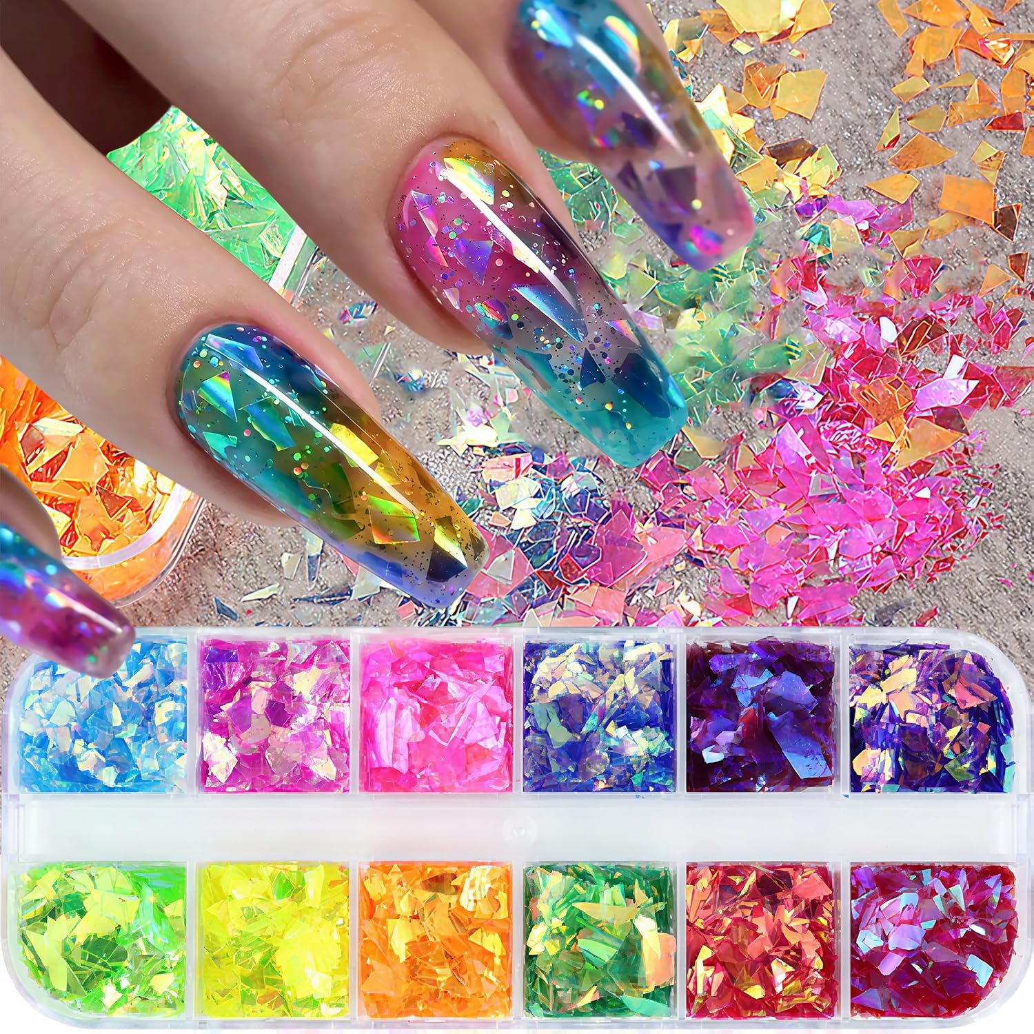 12Grids Holographic Mermaid Colorful Nail Art Glitter,Irregular Rainbow Candy Color Nail Art Flakes Sequins Gradient Bright Ice Slag Nail Sequins Summer Metallic Foil Nail Supplies DIY Nail Decoration-FemmiqueWomen